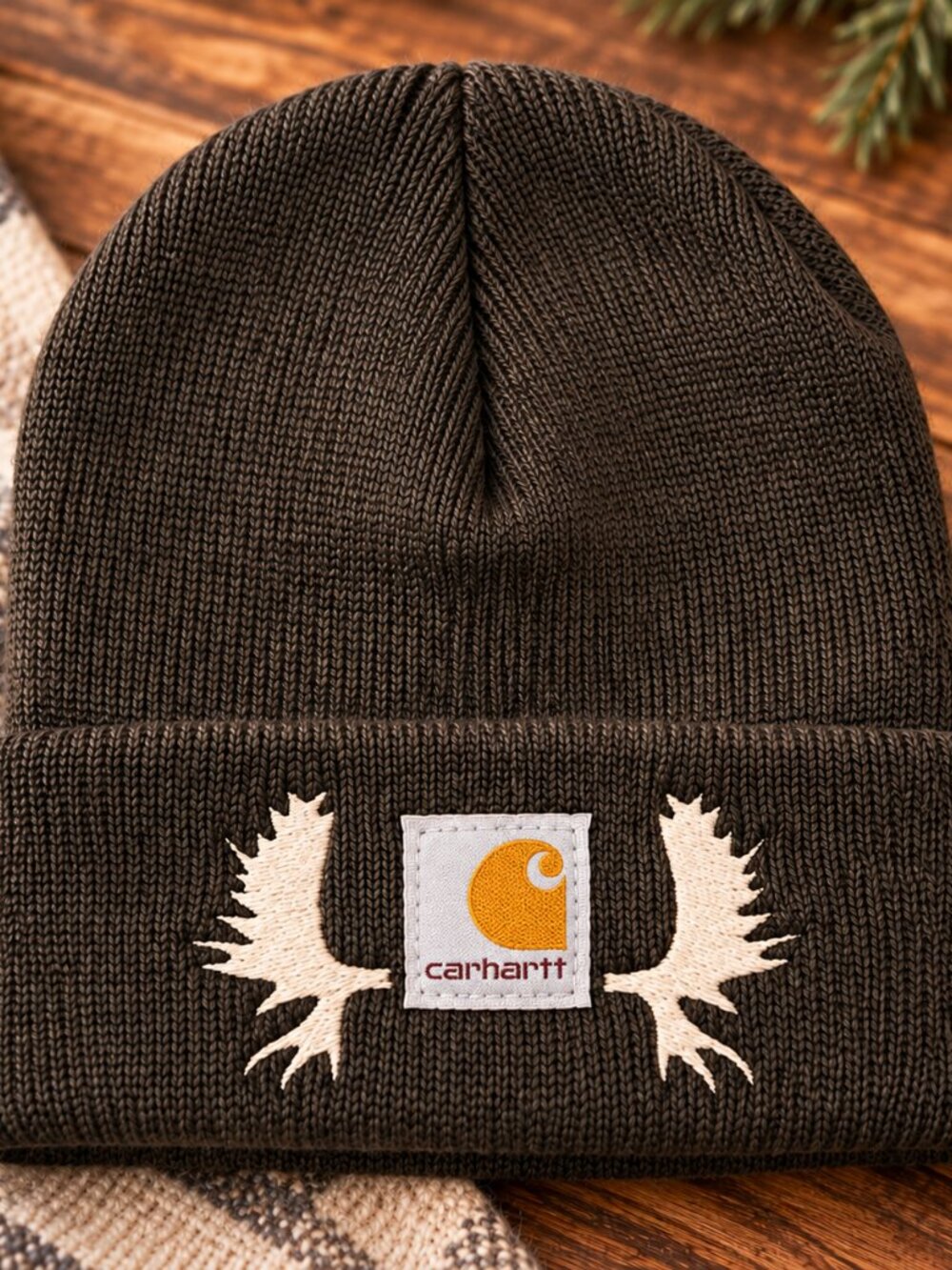 NWT Carhartt Youth Beanie Mustang Brown Custom Embroidered Moose Antlers